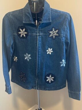Vtg 90s NorthCrest Embroidered Snowflake Denim Jacket Zip Up Size M